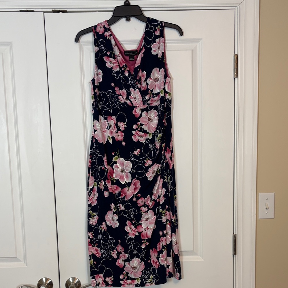 Connected Apparel Navy and Pink Floral Midi Dress 12